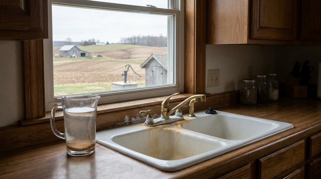 Rural kitchen sink with sediment in water pitcher and iron staining, showing common private well water problems