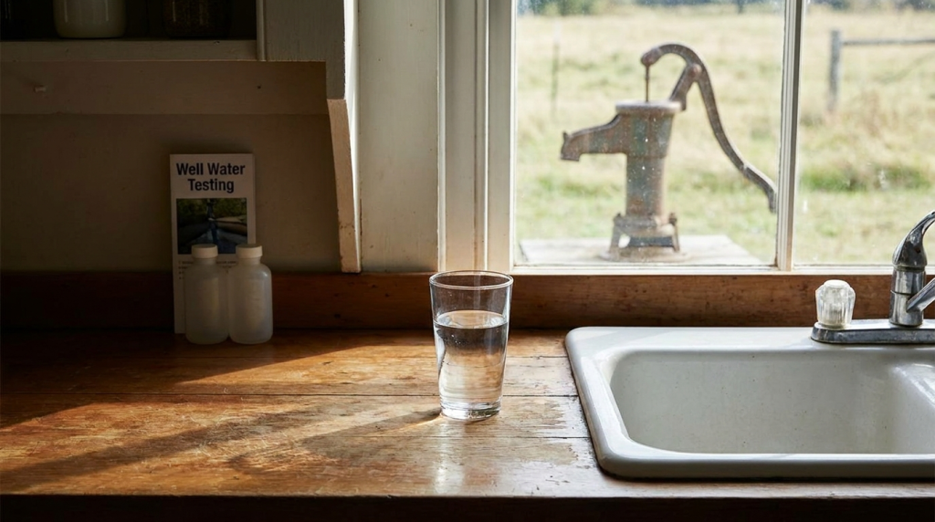 Glass of private well water in a rural kitchen with testing supplies and an outdoor hand pump in view