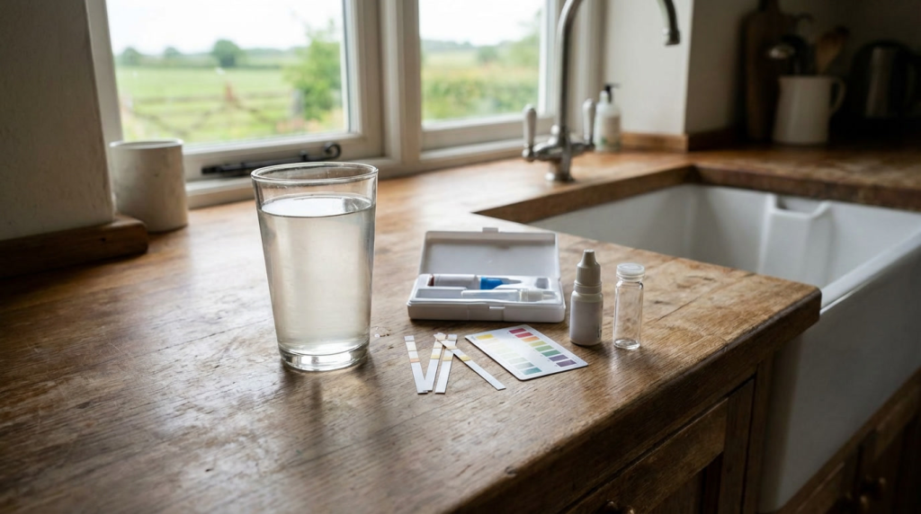 Glass of well water and home testing kit on a rural kitchen counter, showing why testing comes before treatment