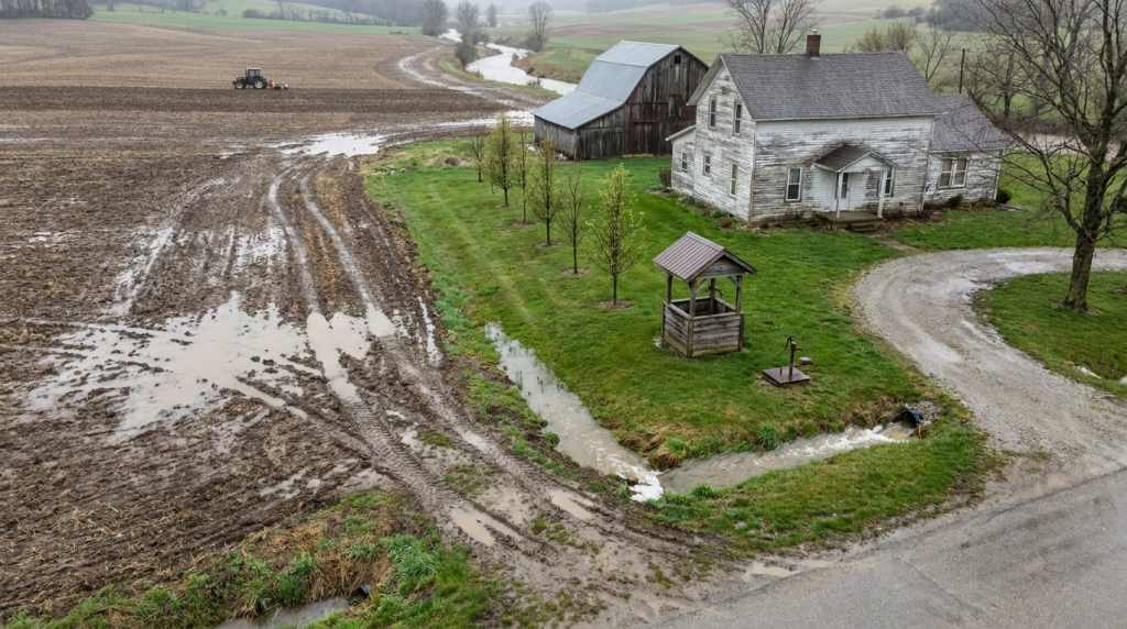 Rural farmhouse and farmland with runoff and standing water, showing how weather and land use can affect private well water quality
